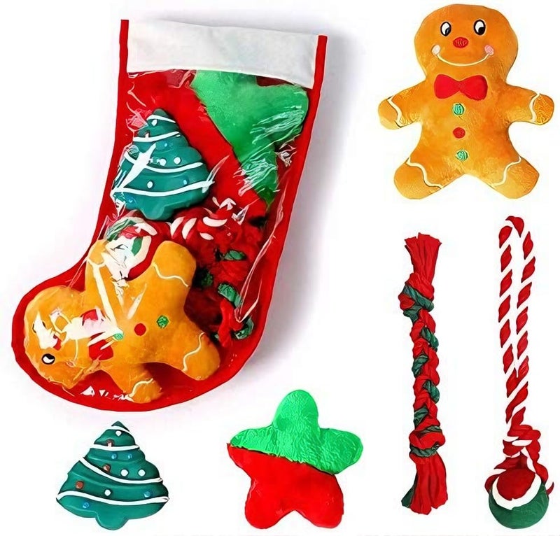 Highland Farms Select Christmas Dog Stocking Gifts Set - Festive Puppy Stocking Variety Pack with Squeaky Toy, Cotton Knotted Rope Toy - 5 Packs - Image 1